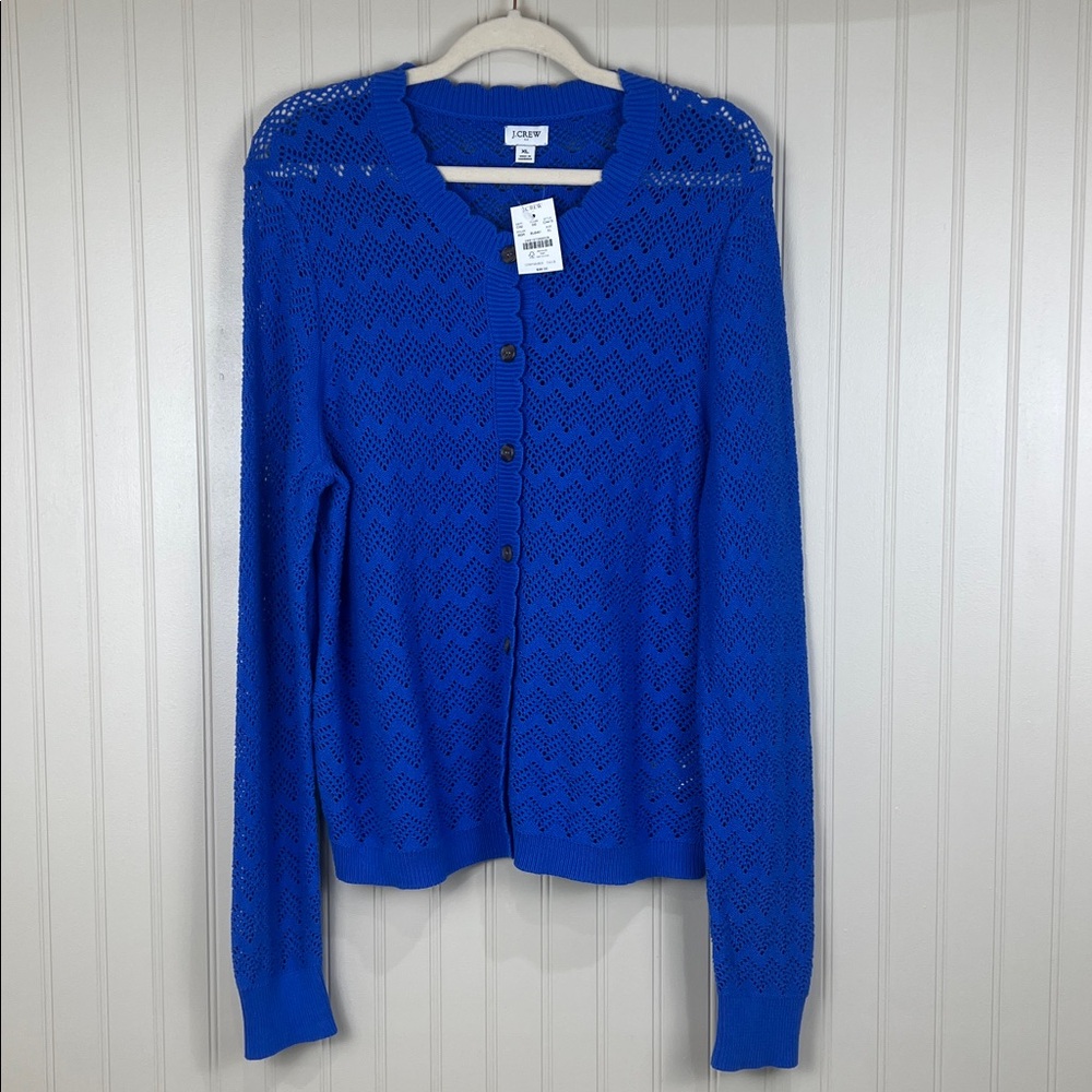 NWT J Crew Blue Pointelle Knit Scalloped Cardigan Sweater Size XL 100% Cotton - Picture 2 of 10